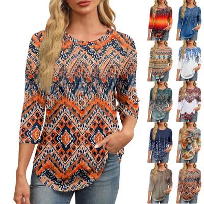 Camiseta Top de Mujer de Moda con Cuello Redondo, Manga 3/4, Estampada, Casual Básica, Plisada, Tipo Jersey