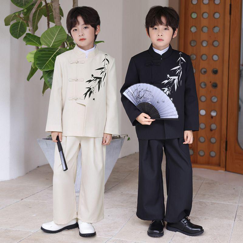 Boys' Autumn Chinese Style Tuxedo: Retro Pan Buckle Hanfu - Medium & Large Sizes