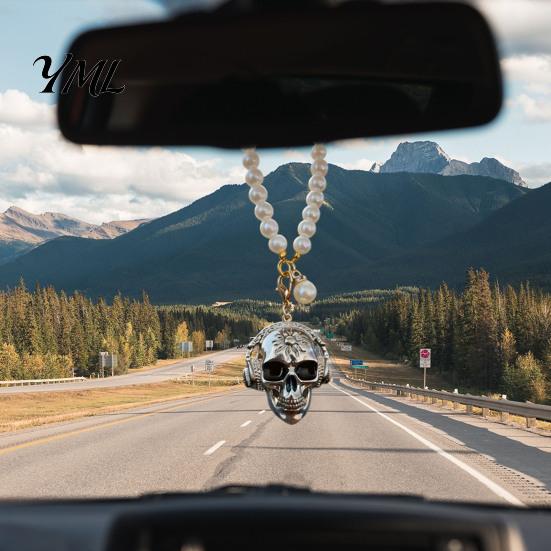 Decorative Hanging Ornament for Cars Skull Car Ornament, Gothic Faux Pearl Chain Auto Rear Personalized Alloy Pendant View Mirror Charm, Funny Vehicle