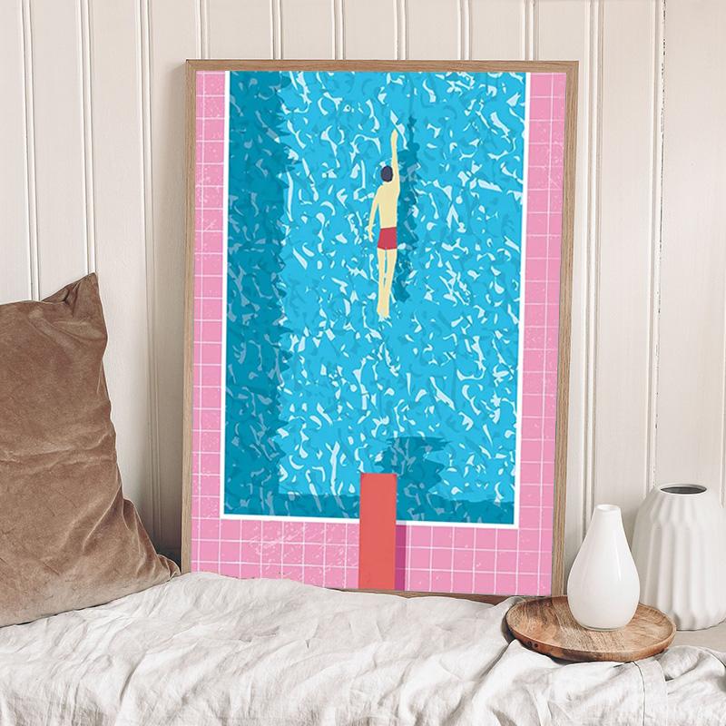 Nordisk Blå Simbassängfest Konst Affisch Tryck Kvinna Fritidsliv Semester Dykning Canvas Målning Mural Badrum Sim Heminredning