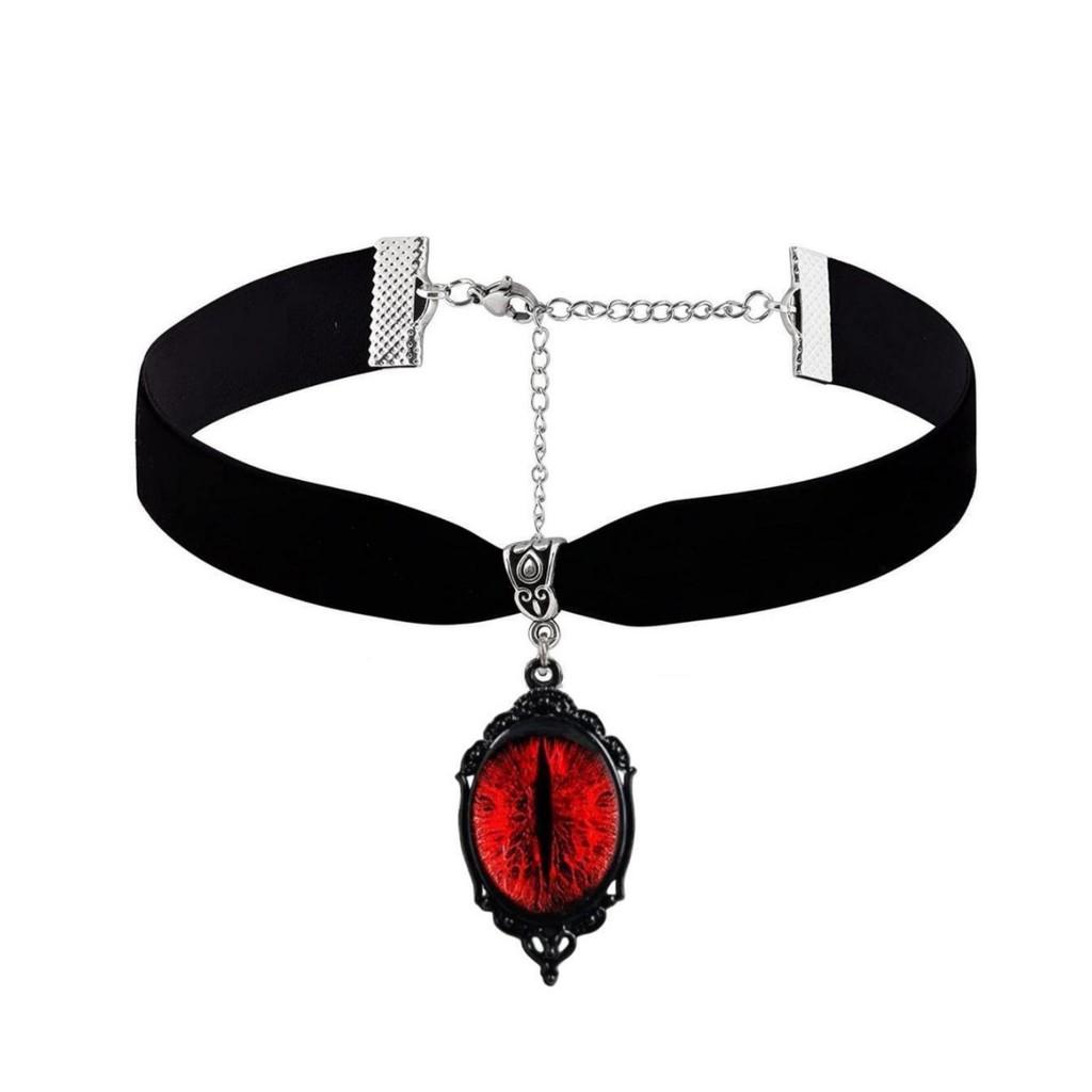 Gothic Vampire Pendant Necklace With Red Eyes And Velvet Chain For Women