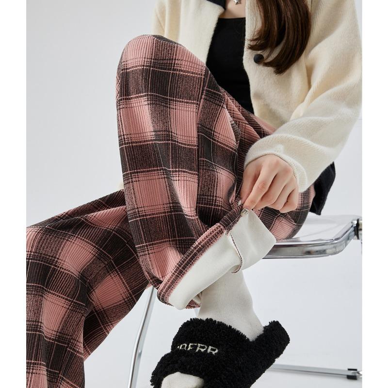 Maillard Woolen Plaid Pants Women's Autumn and Winter High Waist Pendant Feeling Casual Straight Loose Velvet Mopping Wide-leg Pants