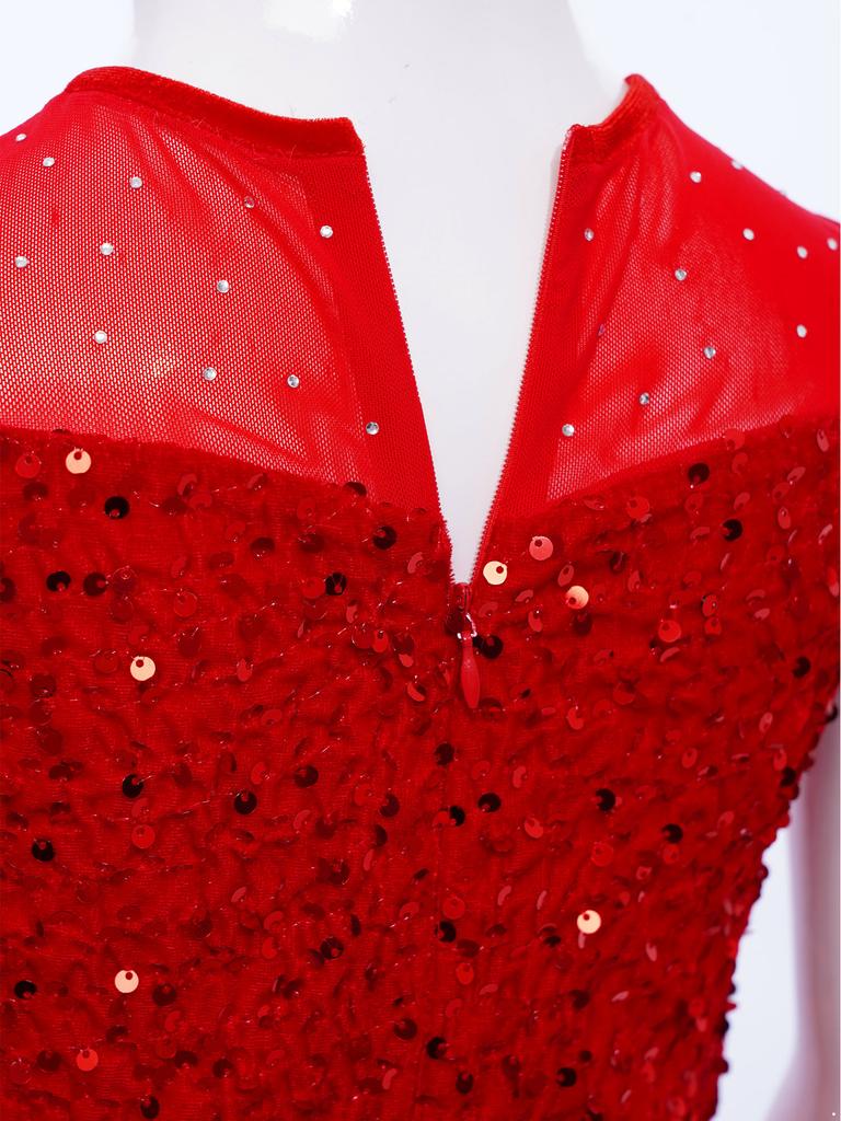 Mädchen Tanzperformancekleid: Rundhalsausschnitt Ärmellos mit Unsichtbarem Reißverschluss am Rücken, Durchsichtiges Netz, Pailletten, Feder Samt & Eingearbeiteter Slip für die Bühne