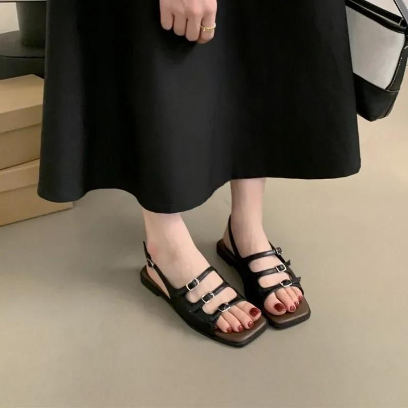 Women's Sandals Summer 2024 Retro French Flat Back Strap Roman Shoes Square Toe Belt Buckle Flat Sandalias Femininas