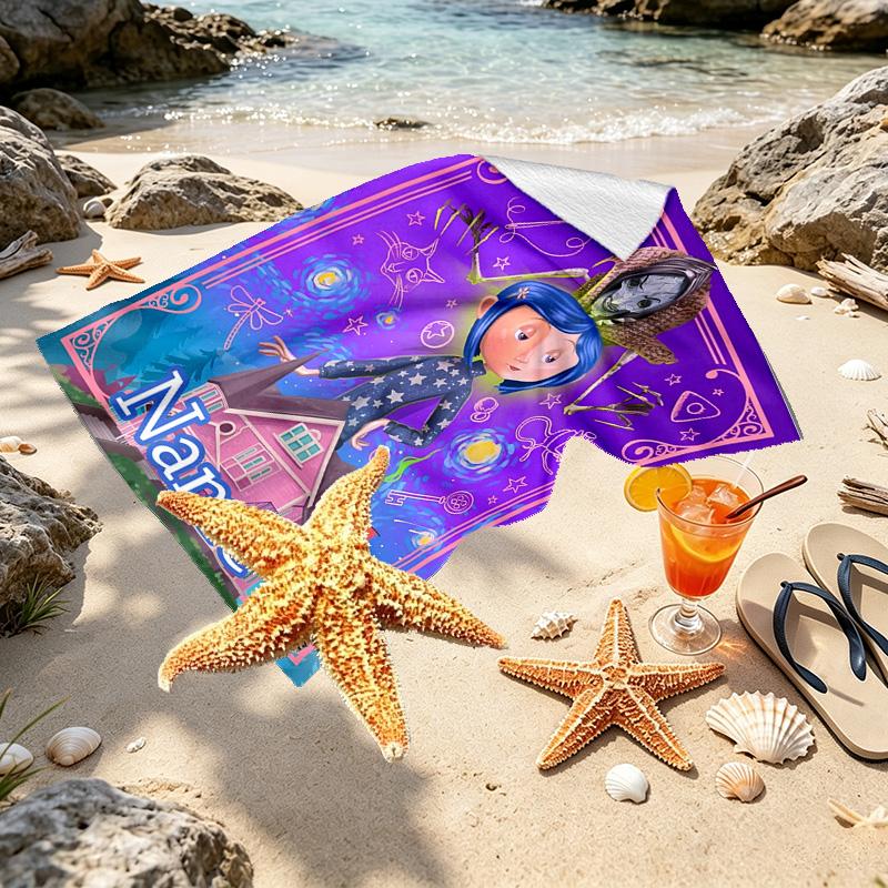 Custom Name Personalized Coraline Print Beach Towel, for Trip Camping Beach Party Home Decor, Birthday Gift for Family & Friends
