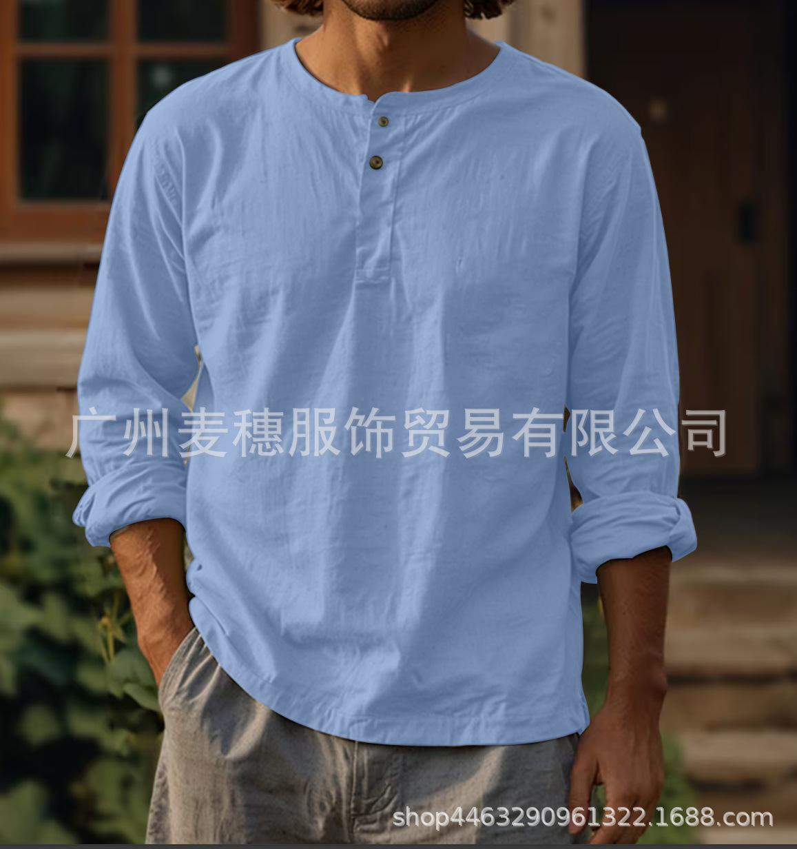 

Men s Cross-border New Long-sleeved Cotton and Linen Solid Color Shirt T-shirt Round Neck Cross-clothing Buttons Two Buttons Linen S синий