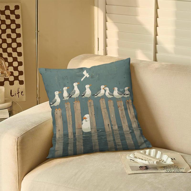 Double Sided Coastal Seagull Print Soft Throw Pillow Cover Nautical Cushion Case For Sofa And Bedroom Decoration