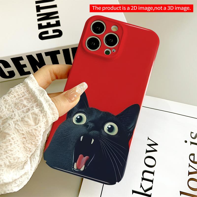 2DFlat Black Cat with Open Mouth All inclusive film hard iPhone case, compatible with iPhone 18 Pro Max 17 16 15 14 13 12 11