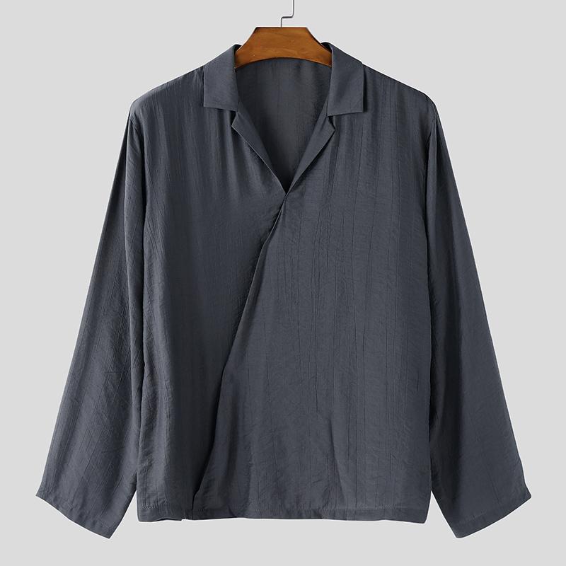 INCERUN Męskie koszule casual z kołnierzykiem V, gładkie, z długim rękawem