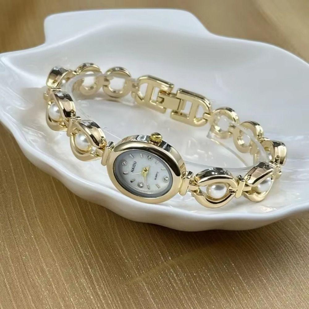 Small Ladies Pearl Bracelet Wristwatch Bead Stylish Oval Watch Women's Quartz Watch  Student