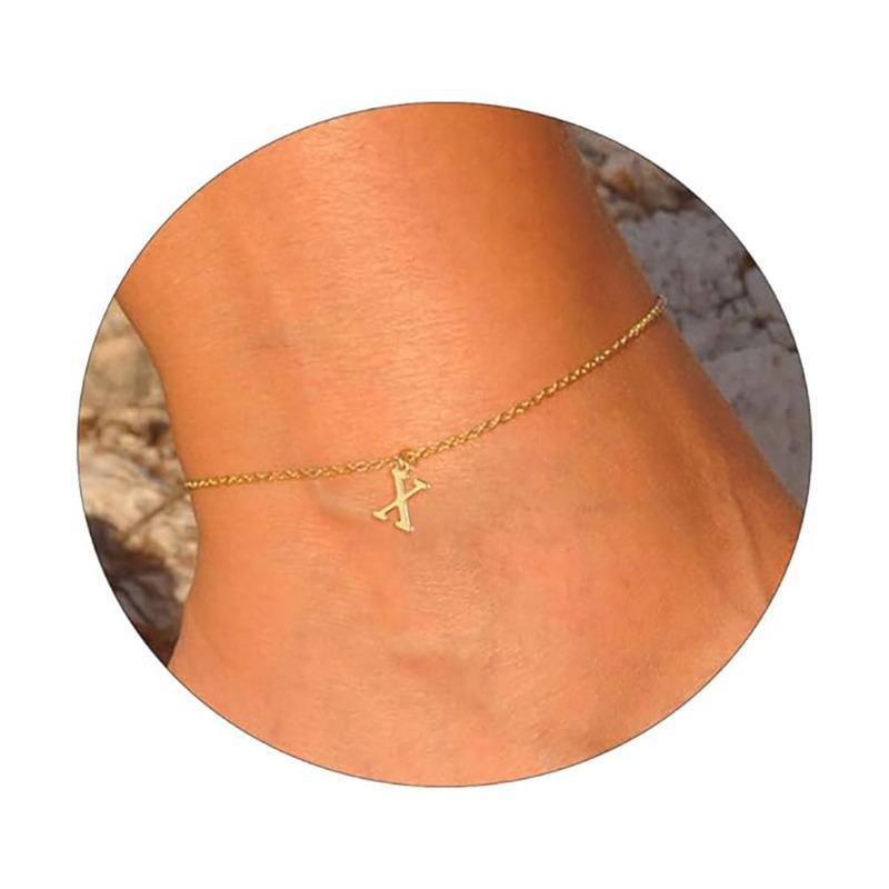 Semplice Collana con Lettera Impermeabile Placcata Oro 14K. Bracciale Compatto con 26 Lettere in Stile Femminile.