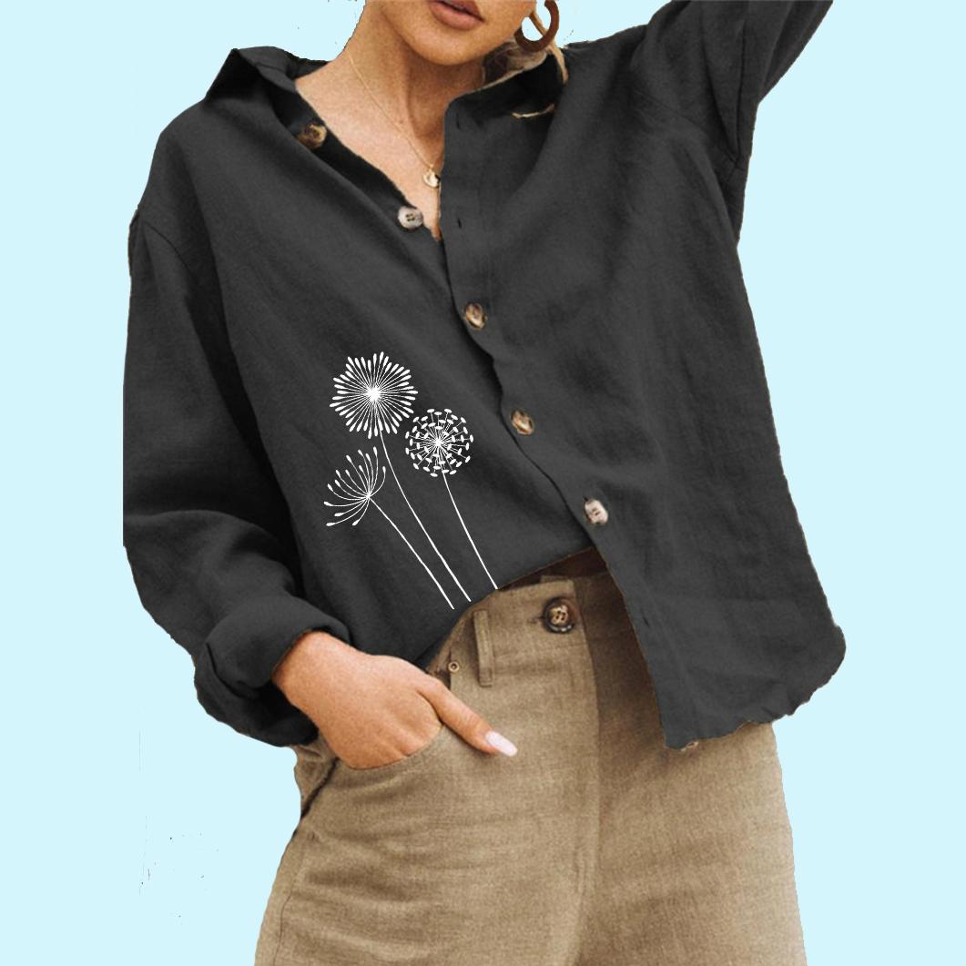 

Женская мода цветочный принт льняная рубашка женская повседневная с длинными рукавами свободная блузка на пуговицах 2XL чёрный