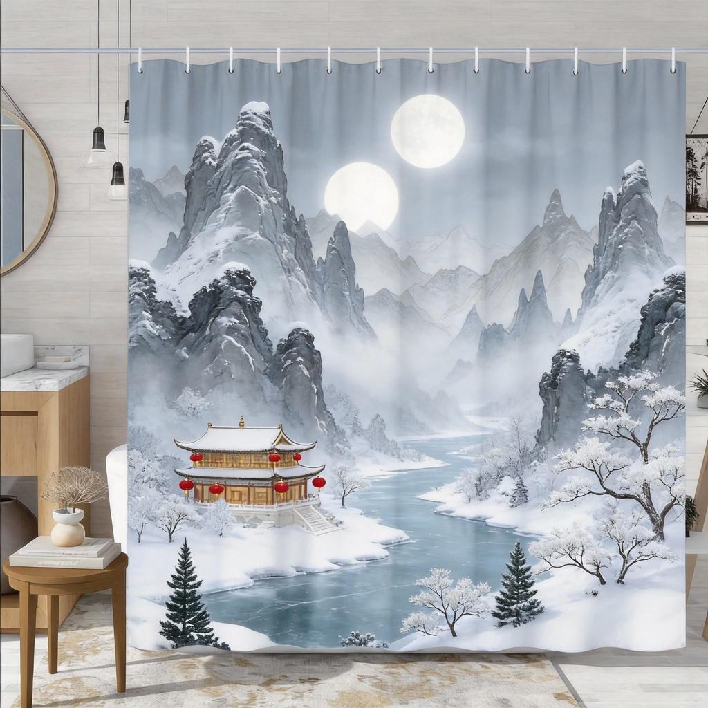 Chinese Landscape Shower Curtain Traditional Pavilion Mountain River Print Polyester Bath Curtain with Hooks for Zen Decor