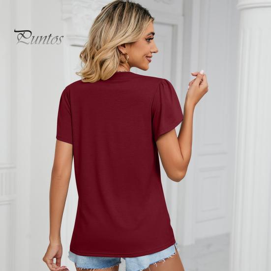 Tee Top V-neck Petal Short Sleeve Women T-shirt Summer Shirt Golden Lace Stitching Loose Pullover Streetwear