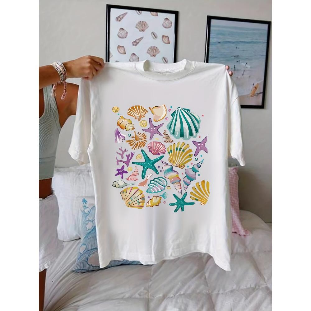 

Ocean Theme Print T-shirt Casual Short Sleeve Crew Neck Top for Spring Clothing Harajuku Short Sleeve Clothes S