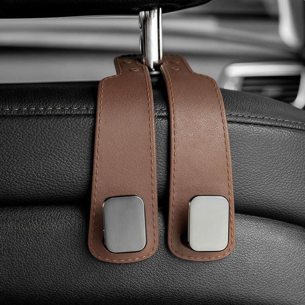 -hook Multi-functional Car Seat Rear-mounted Mobile Phone Holder With Detachable Storage Hooks, Interior Flip-up Leather Car Hanger.