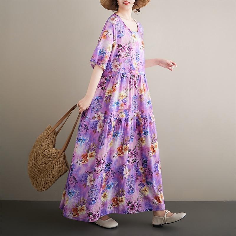 Krátký rukáv Nadměrná velikost vintage květinová novinka v šatech pro ženy ležérní volné dlouhé letní šaty