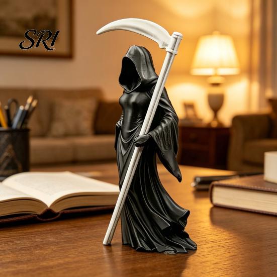 Compact Gothic Collectible Female Grim Reaper Statue with Sickle 3D Printed Black Robe Dark Queen Figurine Mysterious Sculpture for Home Office