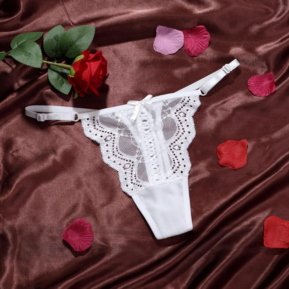 Women Thongs Lace Trim Elegant Sexy Adjustable Belt Panties Low Waist Butterfly Knot Ladies Transparent Mesh Lingeries