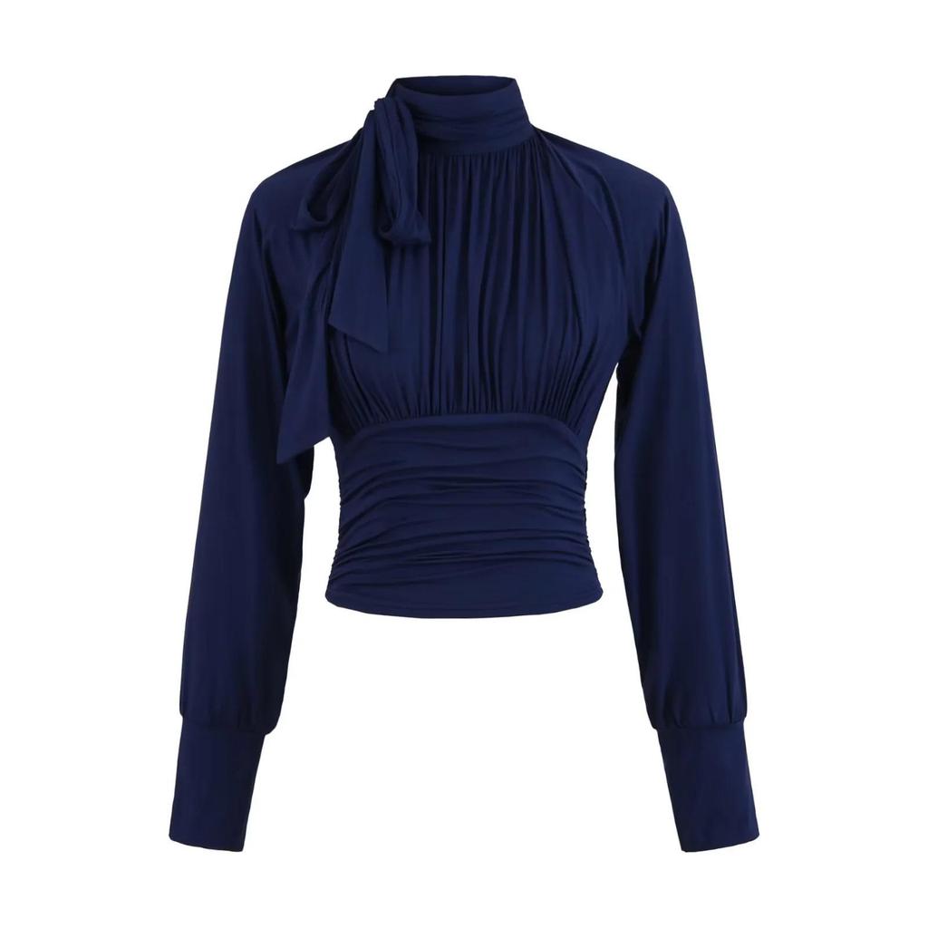 Women's French Retro Tie-Up Slim Fit Cropped Shirt - Stand Collar, Long Sleeve, High Waist (Spring/Autumn)