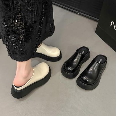 Korean Version of Solid Color Baotou Half Drag Women 2025 Spring Muffin Platform Muller Shoes Small Height Increase Cool Slippers