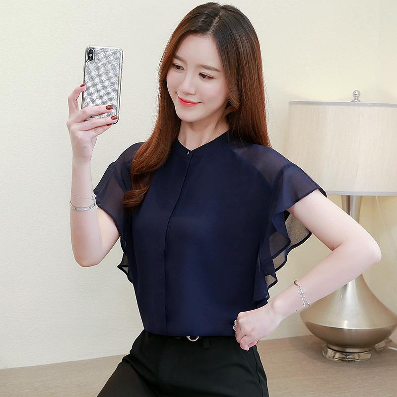 

Женская шифоновая блузка с рюшами в корейском стиле - Лето 2025, с коротким рукавом, больших размеров, повседневный топ с круглым вырезом 2XL