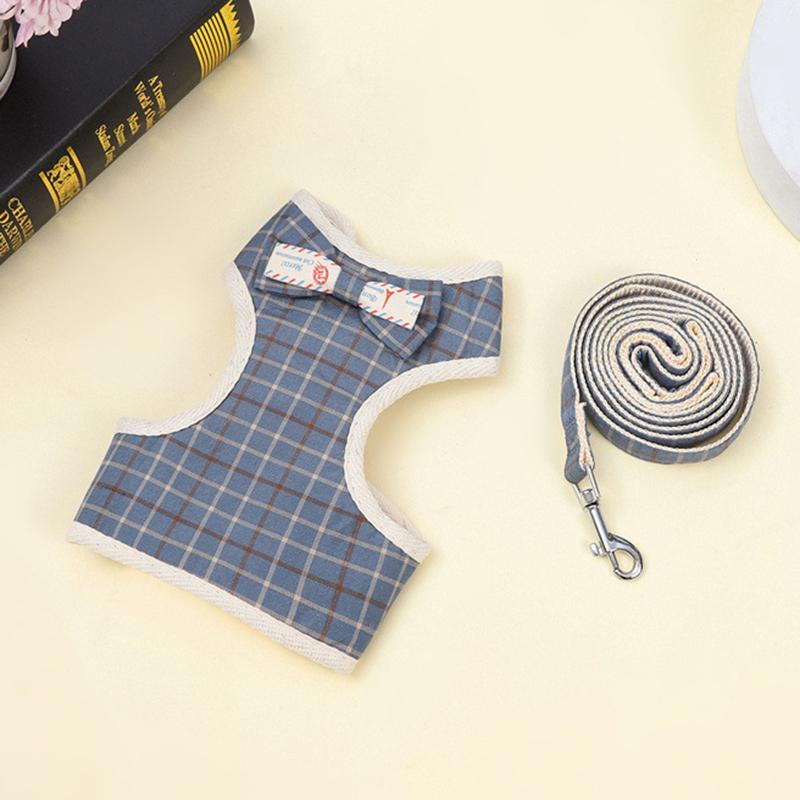 Classic Plaid Cat Rabbit Harness and Leash Set Breathable Pet Harnesses with Bow for Bunny Kitten Rabbits Accessories Clothes