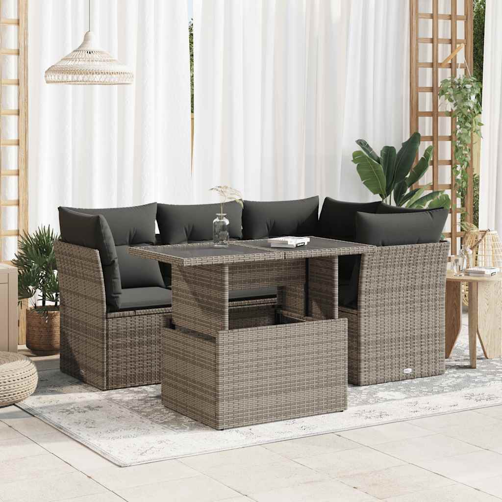 vidaXL 5 Piece Grey Garden Sofa Set with Cushions Poly Rattan