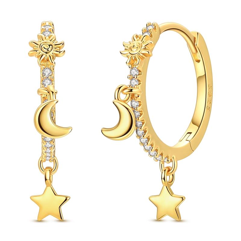 925 Sterling Silver Golden Hoop Earrings Sun Moon Star Cubic Zirconia Star Drop Earrings Fashion Jewelry Gift for Women