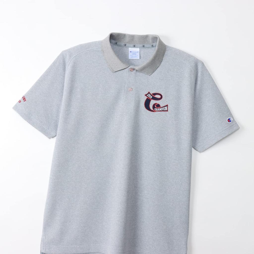 Champion Short Sleeve Polo Shirt with Script UV and Heat Oxford Size L Men's Quick-Drying Logo, Protection, Shielding, Gray, (C3-XG307)