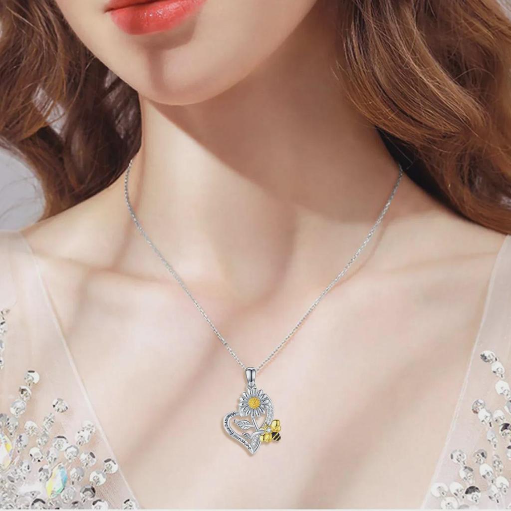 Sunflower Heart Necklace: 'You Are My Sunshine' Engraved, Bee & Color Drip Pendant