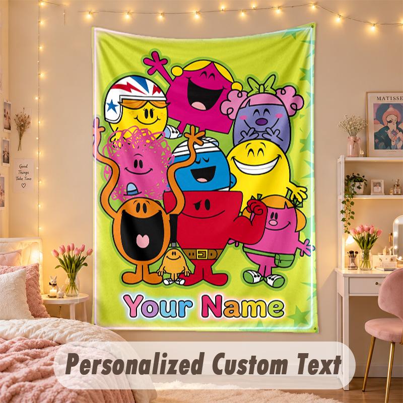 Custom Personalized Tapestry,Mr. Men & Little Miss Print Custom Name Text Wall Art Hanging for Bedroom