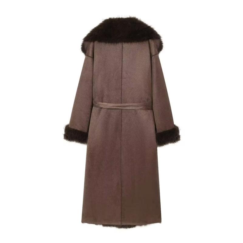 Womens Faux Fur Reversible Coat With Belt Long Winter Outerwear Street Style Oversized