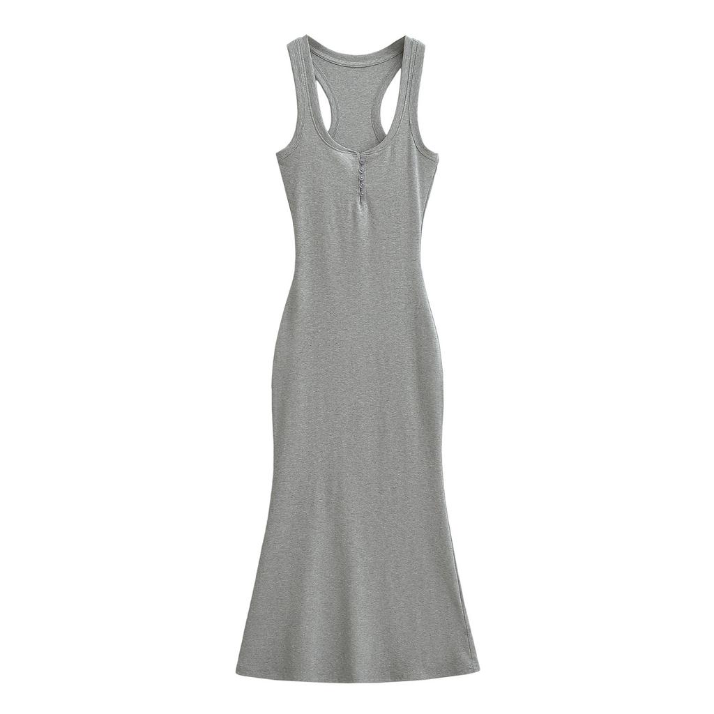 U-neck low-cut button-fitting dress, long dress, pure lust, Spice Girl sleeveless hip-wrapped skirt, slim bottom vest skirt