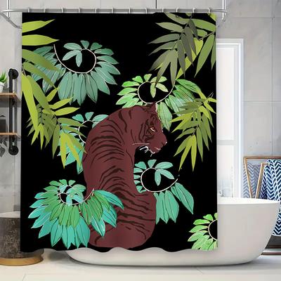 Modern Bathroom Decor Shower Curtain with Jungle Tiger Print Green Leaves Pattern for Home Decoration In Bathrooms