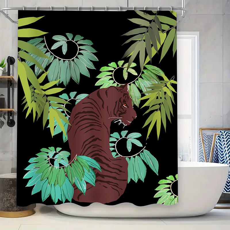 Modern Bathroom Decor Shower Curtain with Jungle Tiger Print Green Leaves Pattern for Home Decoration In Bathrooms
