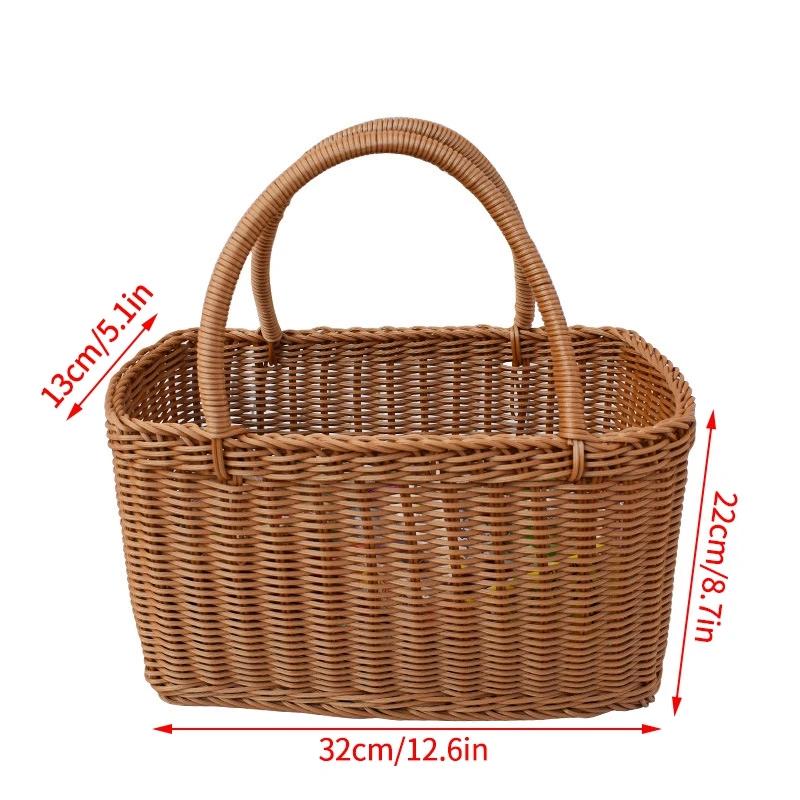 Coș de picnic țesut Coș de mână pentru legume Recipient țesut manual Portofel portabil Tort cu fructe Imitație ratan Decor pentru uz casnic
