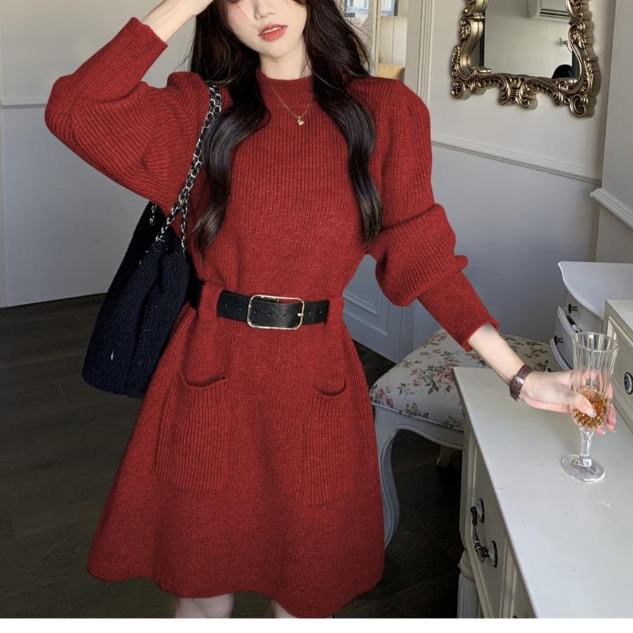 New French Style Petite Knit Dress for Women, Long Sleeve Loose Knit Base Dress for Fall Winter