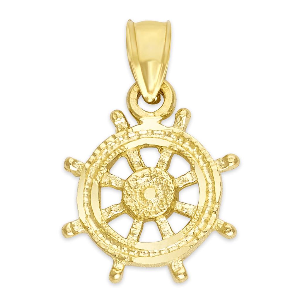 Solid Gold Dharma Wheel Pendant 10k or 14k Religious Gift Buddhist Jewelry Yellow [Golden Fire] Unisex-Adult (10k)