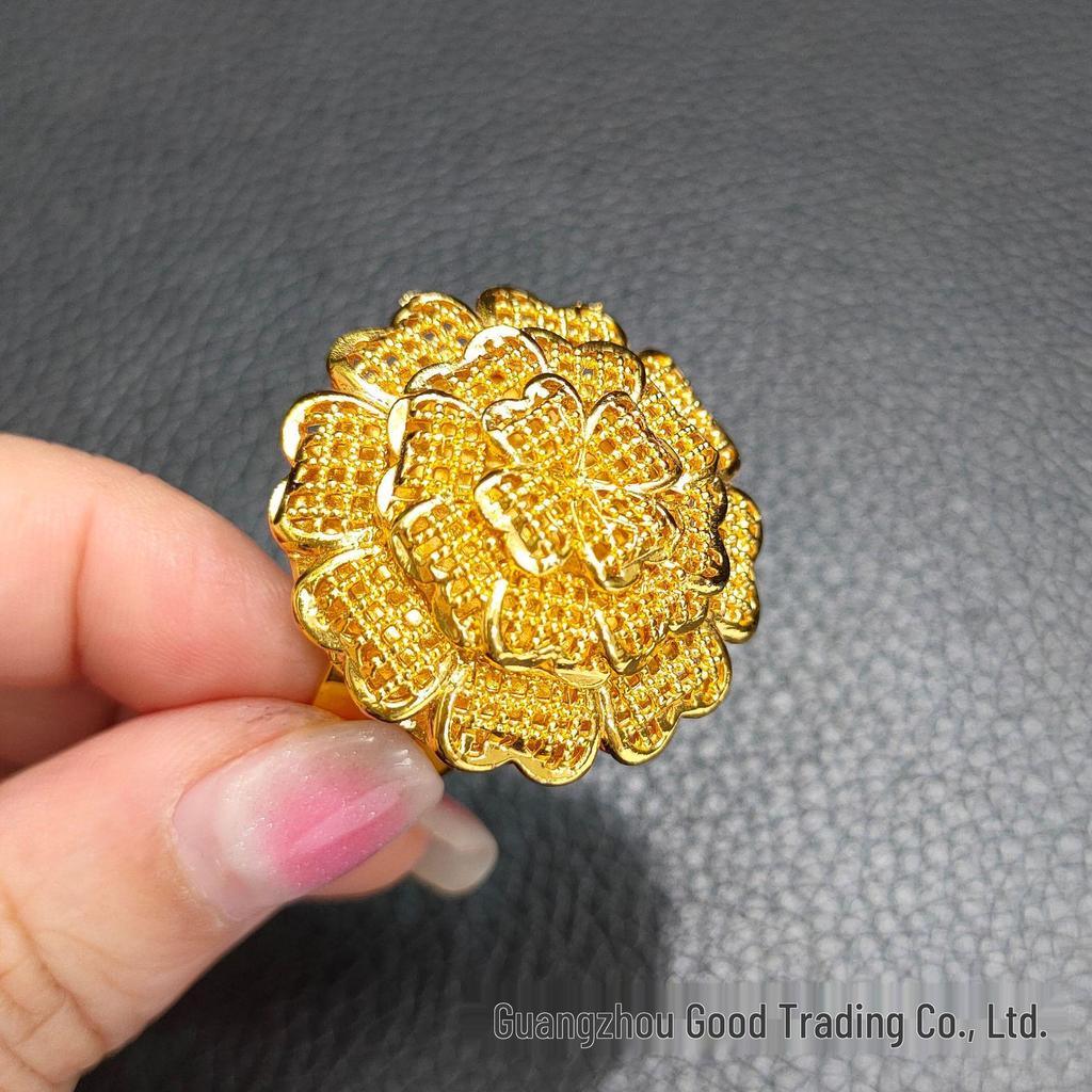 Dubai 24k Gold Filigree Flower Ring - Women's Wedding Jewelry for Global Elegance