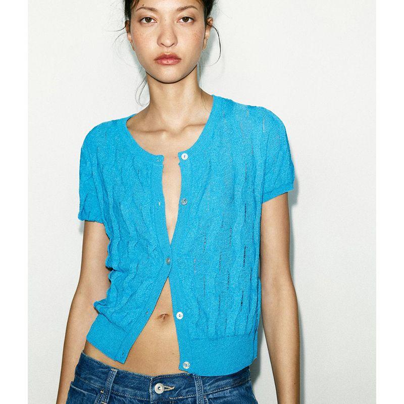 Summer New Product Women's Clothes French Style Single Row Multi-Buckle Minimalist Textured round Neck Short Sleeve Knitting Outwear 4737006