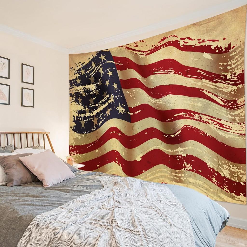 American Flag Tapestry Watercolor Vintage Stars Red Stripes Wall Tapestry Tree Woodland Western Usa Flag Aesthetic Tapestries