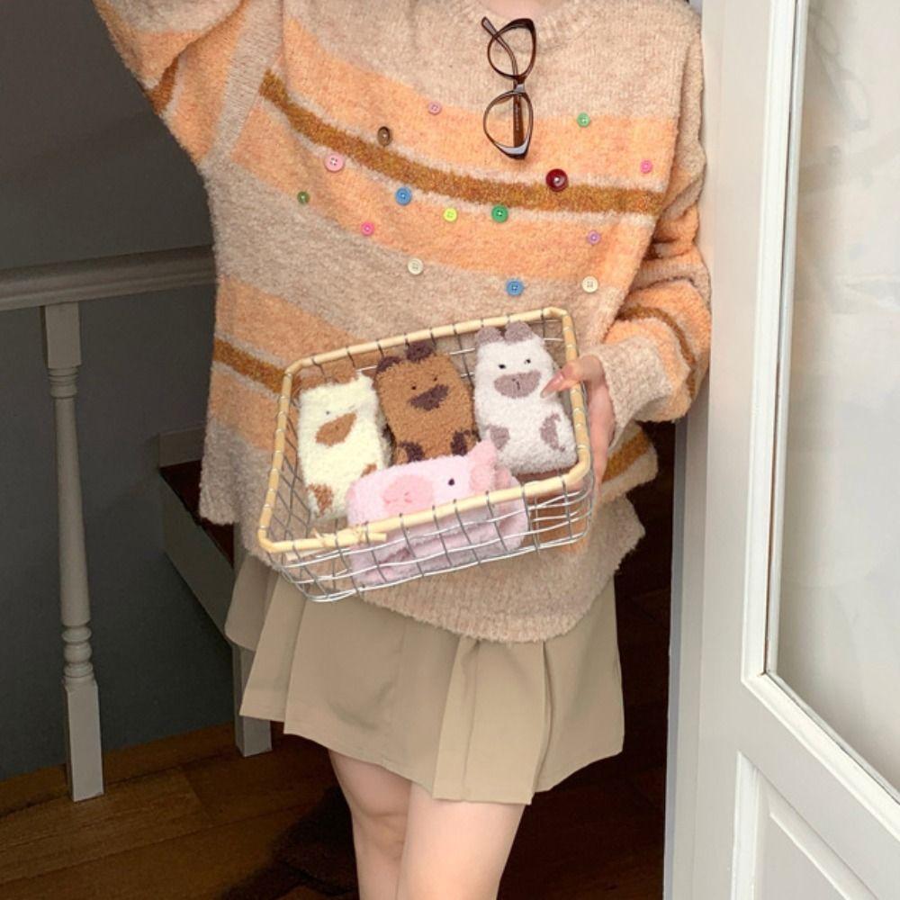 5Pairs Warm Coral Fleece Socks Plush Sleeping Socks Women Sweet Capybara Fleece Socks  Women