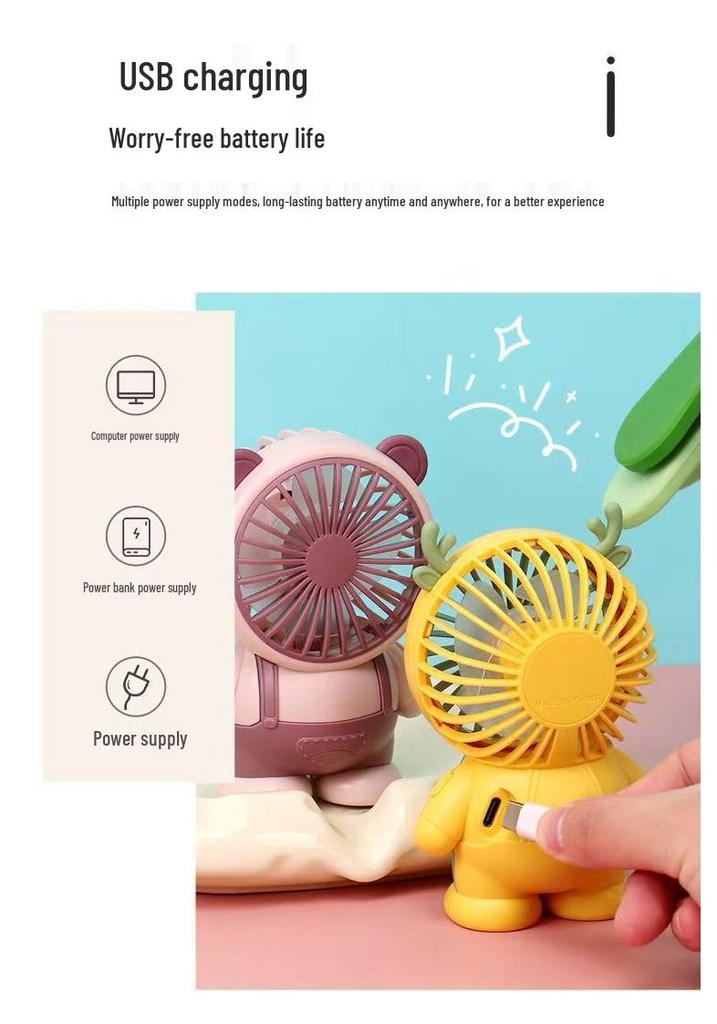 Portable Rechargeable Mini Fan with Three Speeds - Cartoon Design for Kids