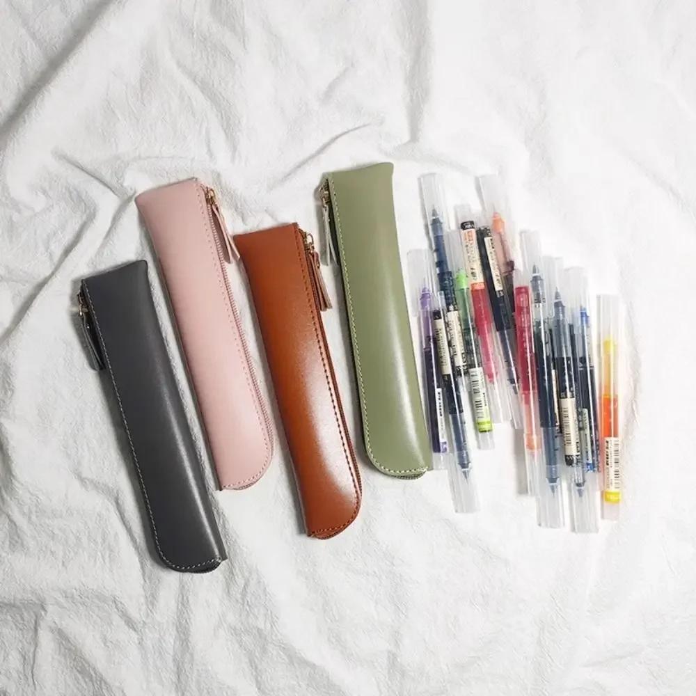 Vintage PU Thin Pencil Case Zipper Practical Pencil Bags Soft Student Stationery Pen Storage Bag for Kids School Supplies