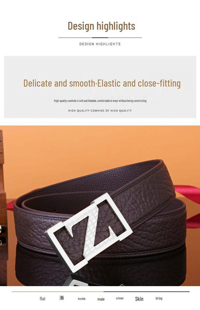 Men's Z Letter Business Casual Buffalo Leather Belt with Stainless Steel Buckle