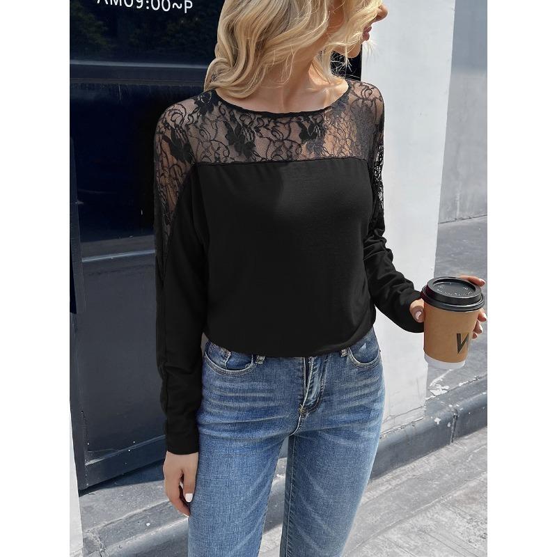 Sexy Hollow Lace Patchwork Round Neck Long Sleeved T-shirt Top for Women Shirt