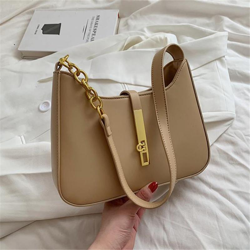Elegant Solid Color Handbag Shoulder Bag with Golden Tone Clasp Design Versatile for Casual Commuter Wear All Match Armpit Bag