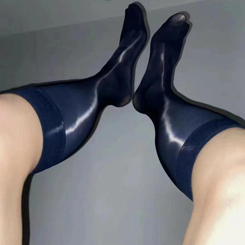 Men's Summer Nylon Glossy Black Formal Socks - Mid-Calf, Lightweight, Reflective Finish