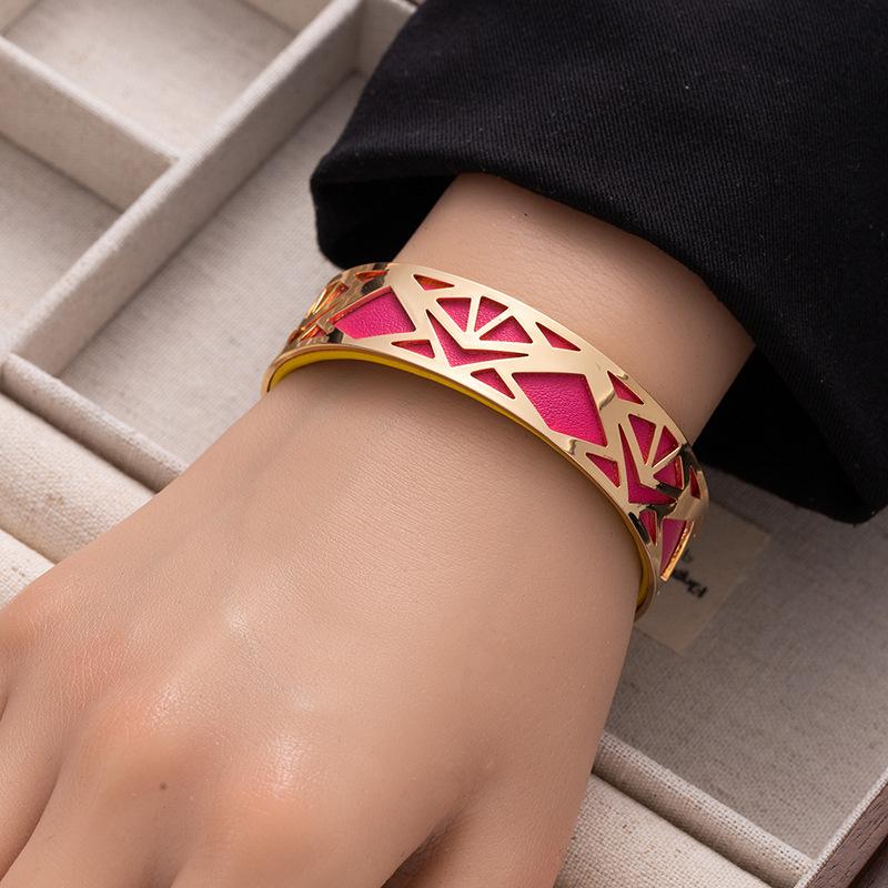 Stylish Replaceable Double-Sided Colored Pu Leather Wide Bracelet Hollow Rhombus Titanium Steel Open Bracelet